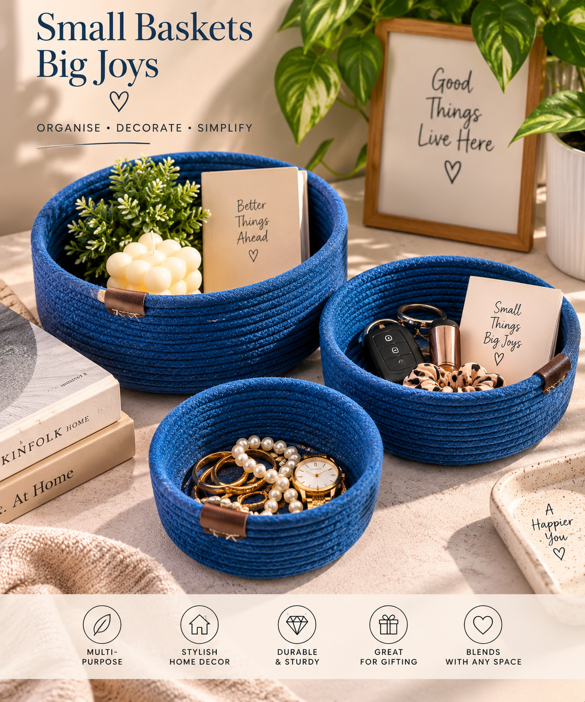 Set of 3 Royal Blue Cotton Rope Multipurpose Storage & Home Décor Baskets