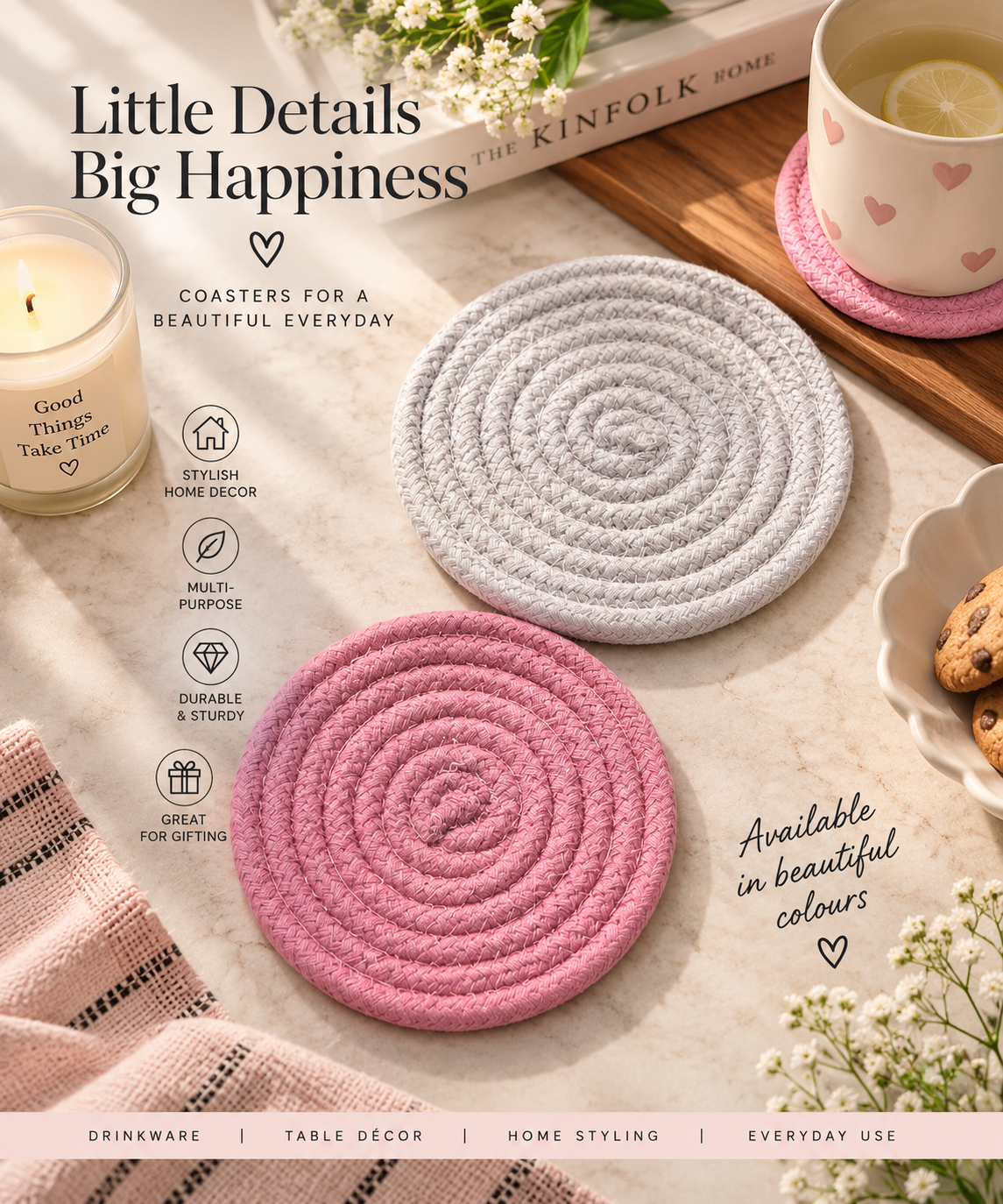 Pastel Braided Round Coaster – Pink & Ivory Woven Table Coaster
