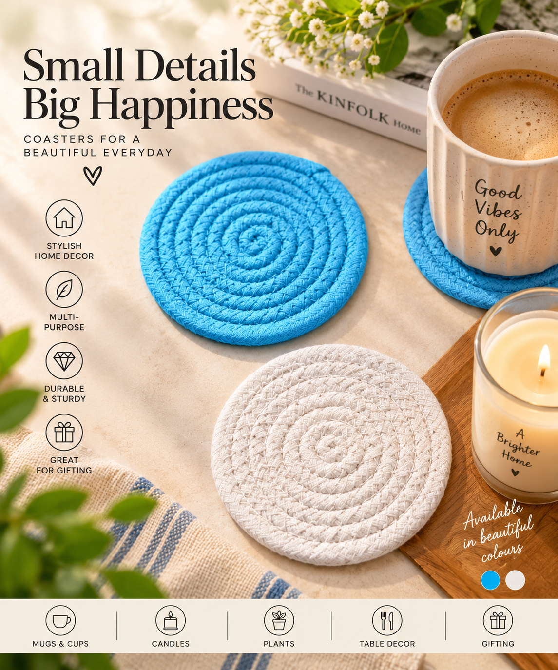 Pastel Braided Round Coaster – Pink & Ivory Woven Table Coaster
