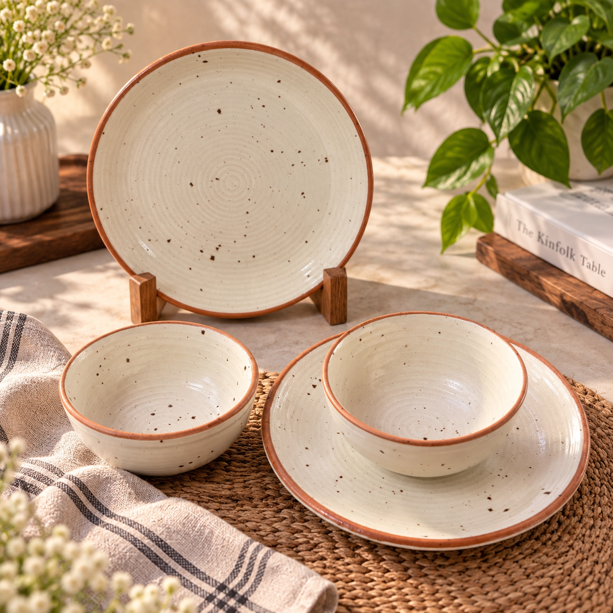 Rustic Speckled Ceramic Quarter Plate & Bowl Set – Set of 4