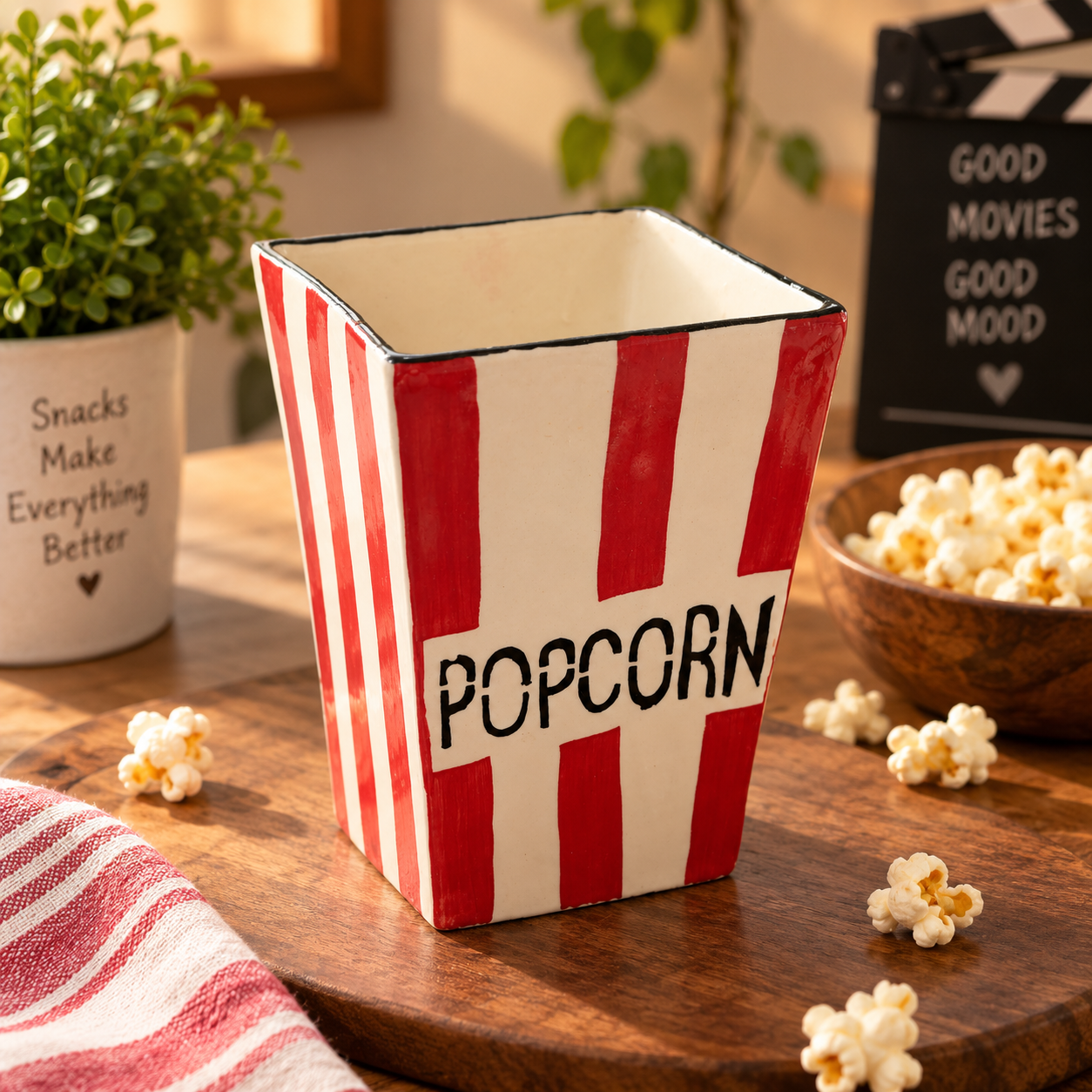 Netflix & Chill Ceramic Popcorn Tub – Red & White Striped Movie Night Bowl