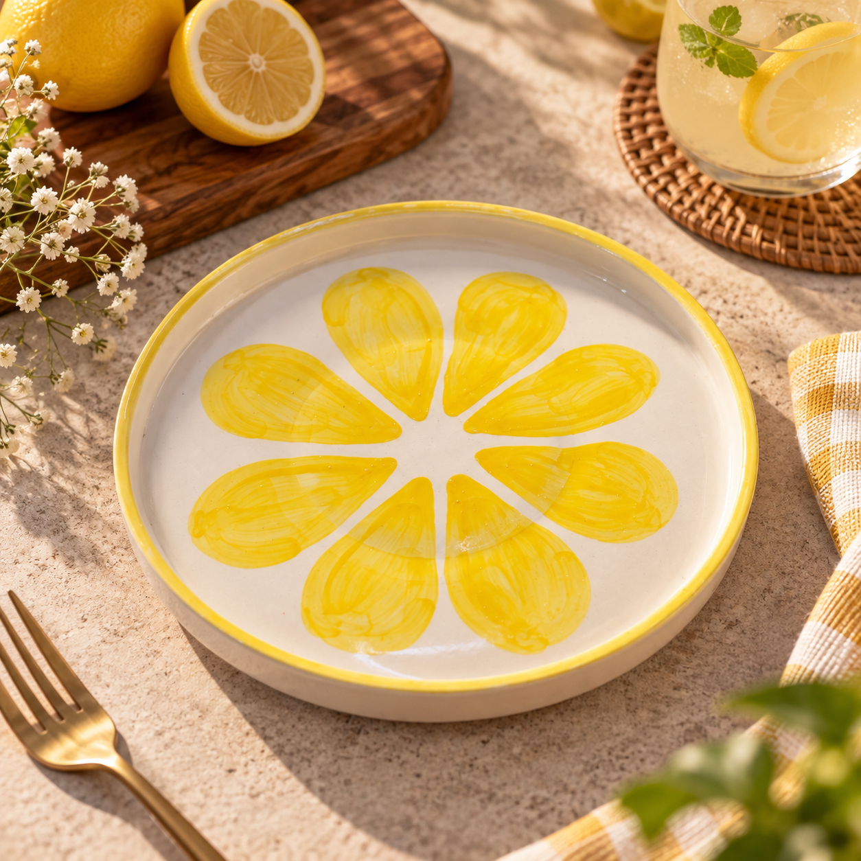 Sunny Lemon Hand-Painted Ceramic Pasta Plate – Yellow Citrus Design