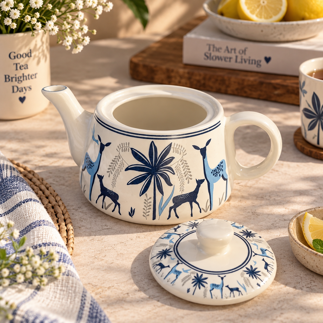 Blue Deer & Botanical Ceramic Teapot with Lid – Hand-Painted Tea Kettle
