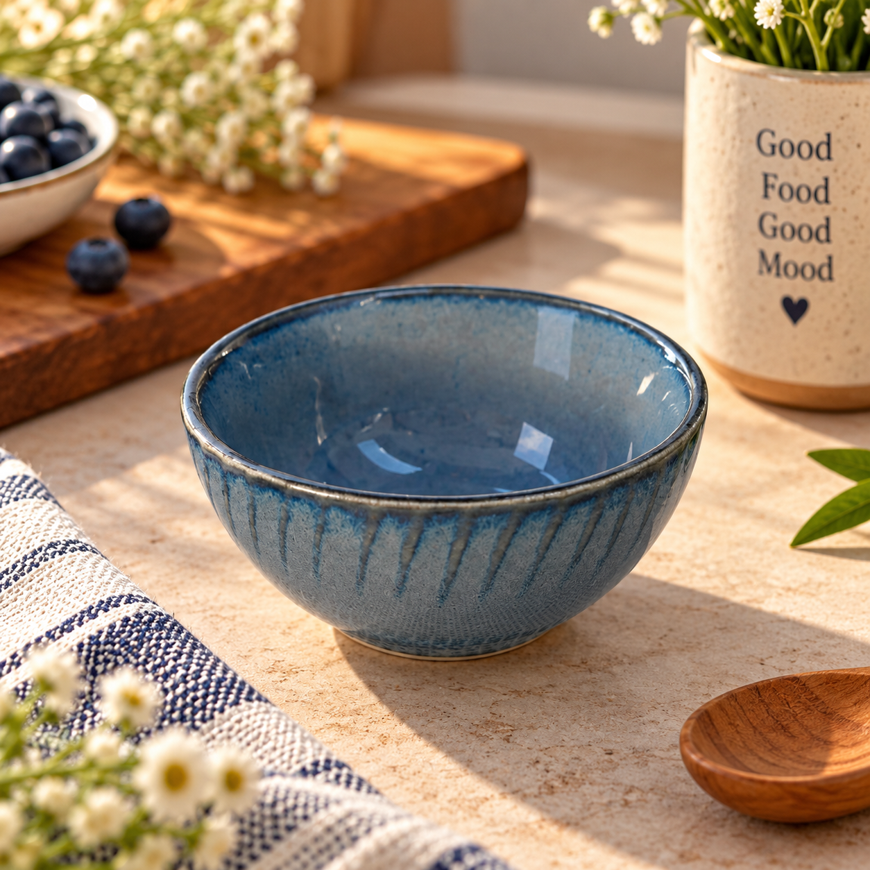 Ocean Blue Ribbed Ceramic Veg Bowl – Reactive Glaze Serving Bowl