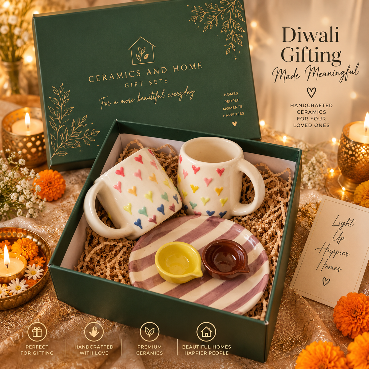 Festive Heart Ceramic Gift Set – 2 Mugs, Striped Plate & 2 Mini Diyas | Diwali Gift Box