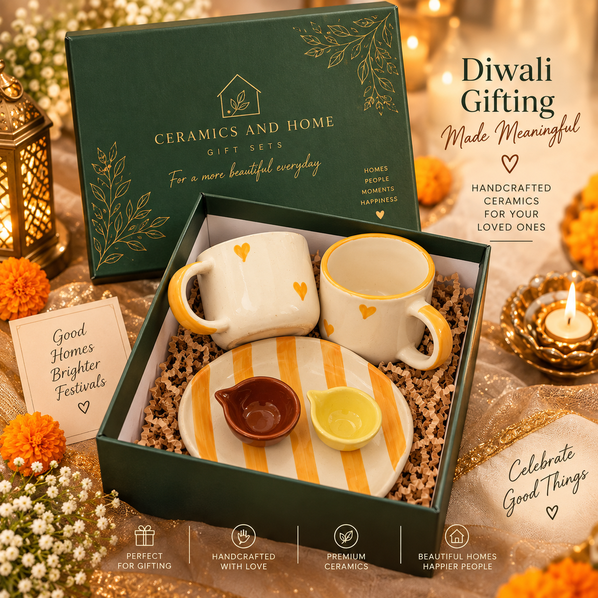 Sunshine Hearts Ceramic Diwali Gift Set – 2 Mugs, Striped Plate & 2 Mini Diyas