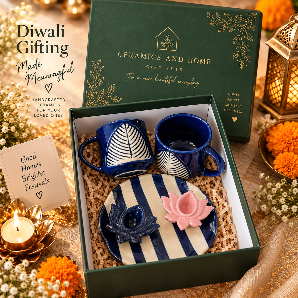Royal Blue Leaf Diwali Ceramic Gift Set – 2 Mugs, Striped Plate & 2 Lotus Diyas