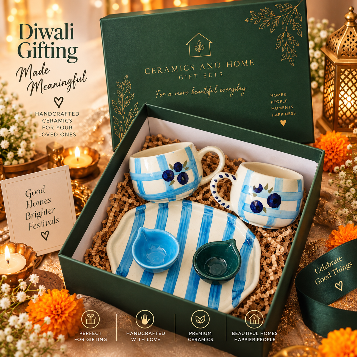 Blue Bloom Hand-Painted Ceramic Diwali Gift Set – 2 Mugs, Serving Plate & 2 Mini Diyas