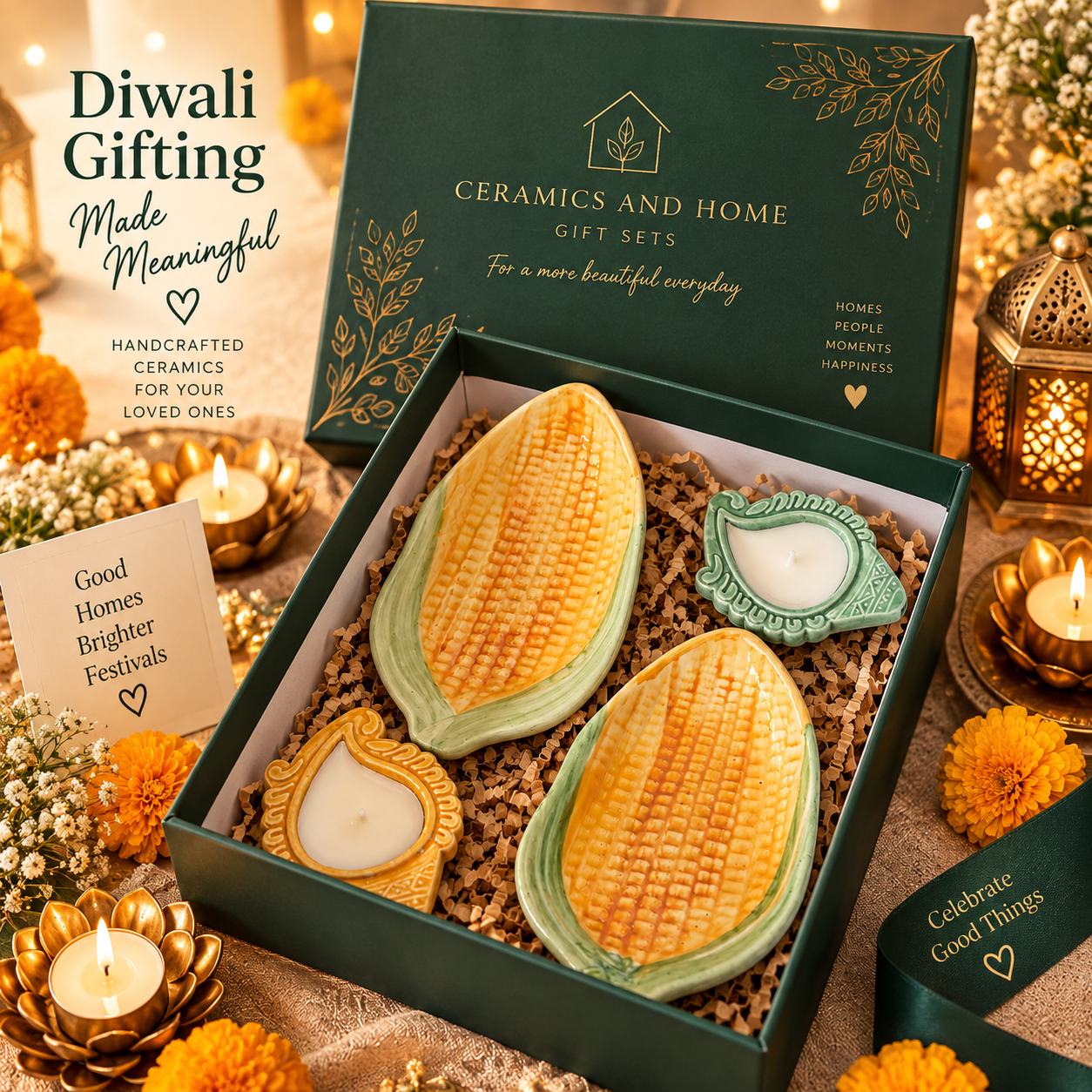 Corn Harvest Ceramic Diwali Gift Set – Set of 2 Corn Platters & 2 Designer Diyas