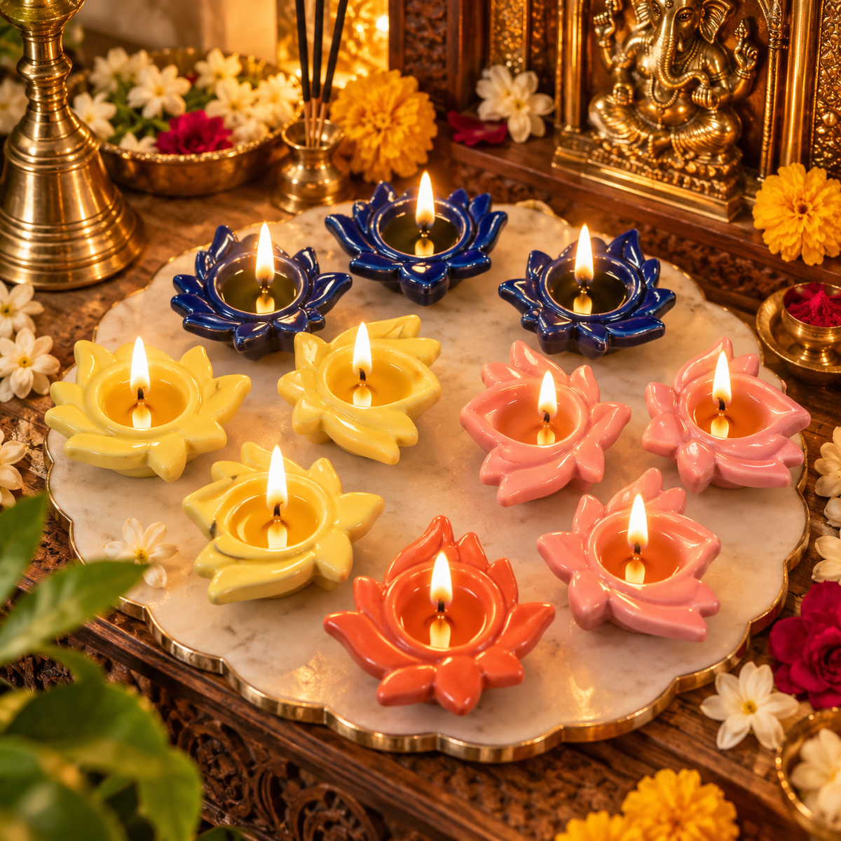 Multicolor Traditional Ceramic Diya Set – Set of 12 | Diwali & Mandir Décor