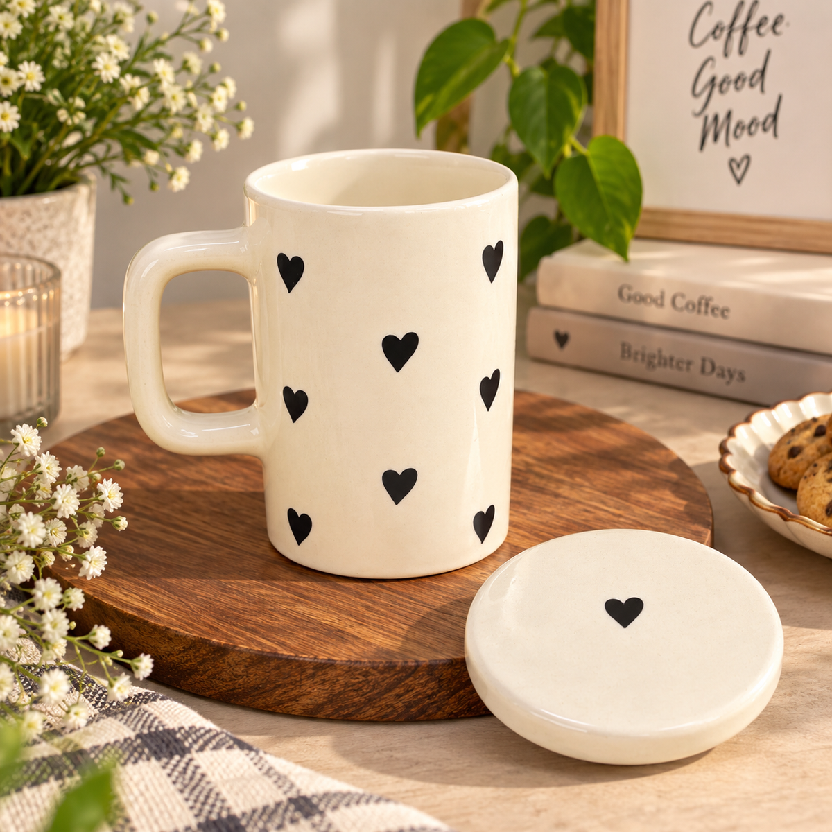 Black Heart Ceramic Mug with Lid – Aesthetic Coffee Mug