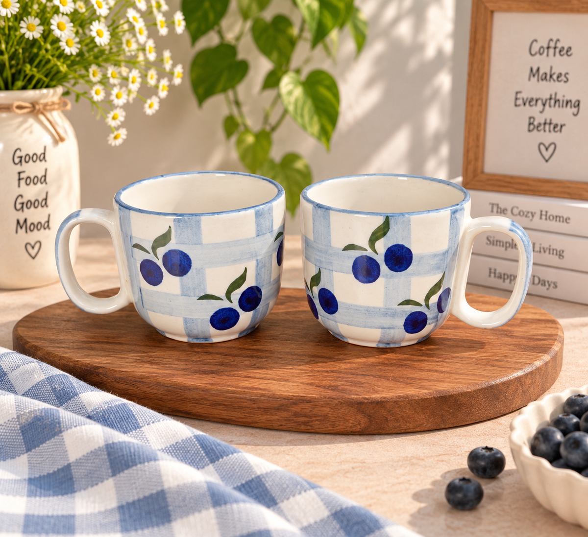 Blueberry Gingham Hand-Painted Ceramic Mug