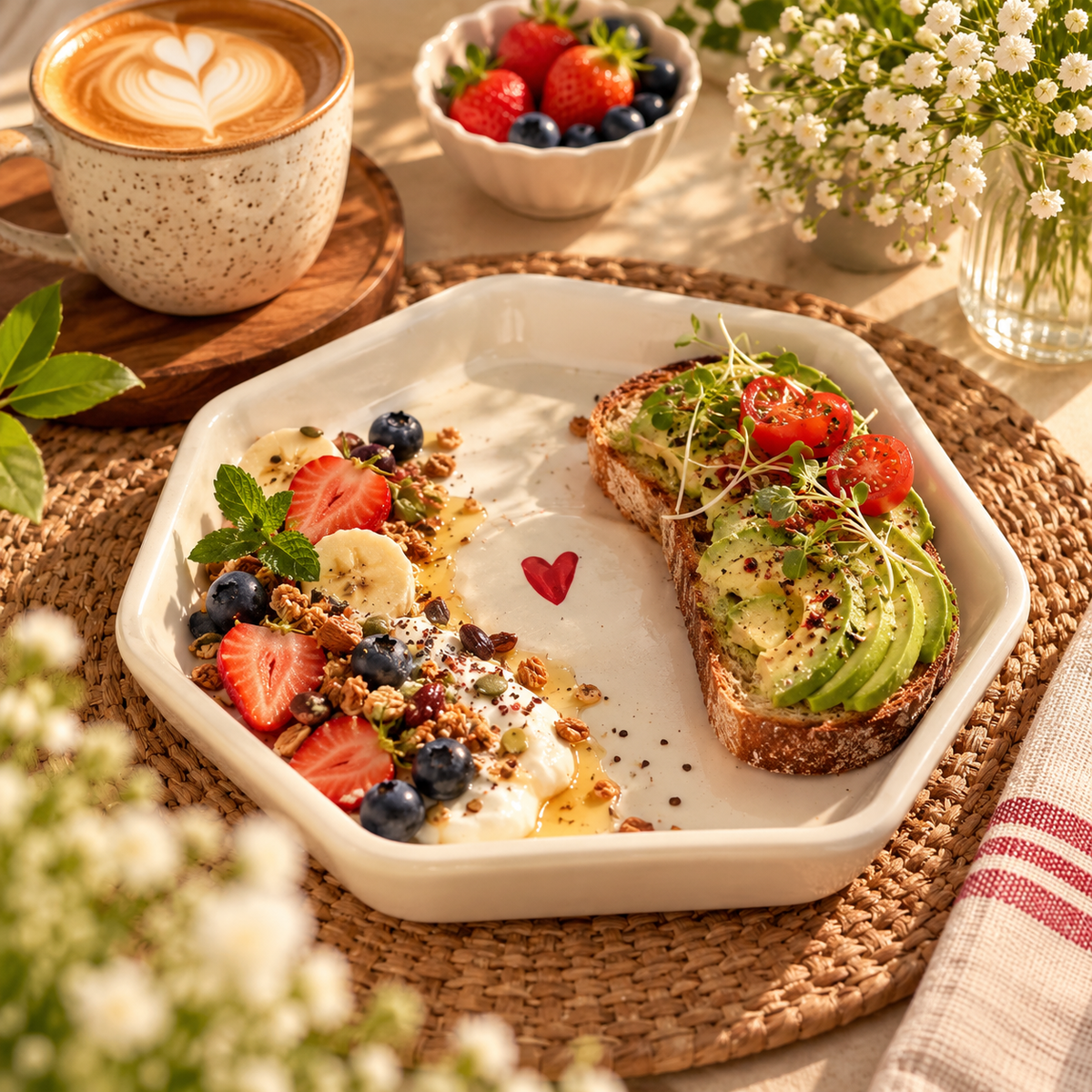 Red Heart Hexagon Ceramic Serving Plate | Aesthetic Brunch & Snack Plate
