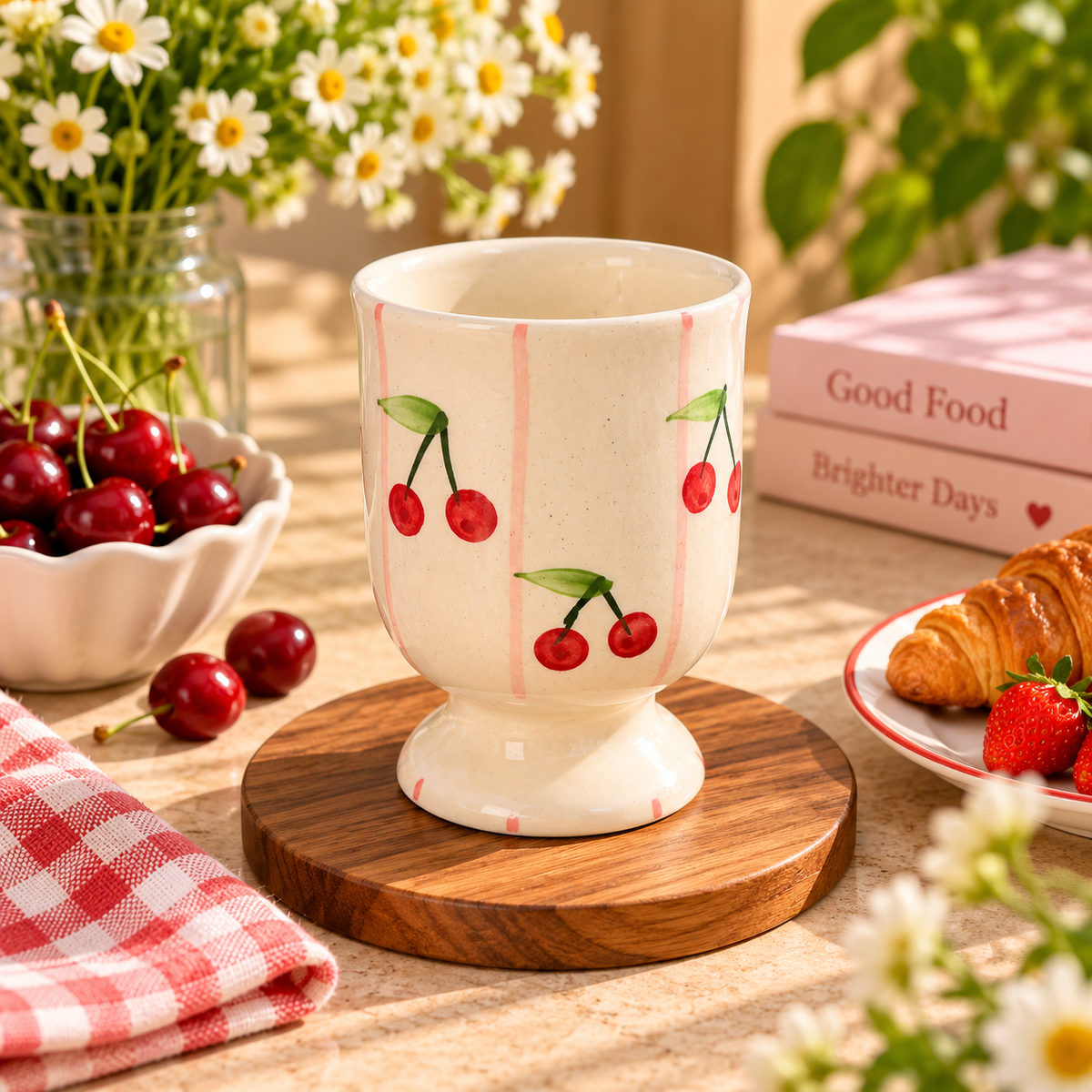 Cherry Bliss Hand-Painted Ceramic Pedestal Cup