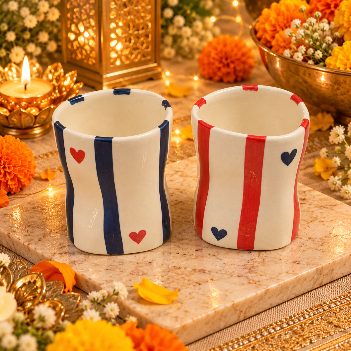 Handpainted Heart & Stripes Ceramic Tumbler Set of 2