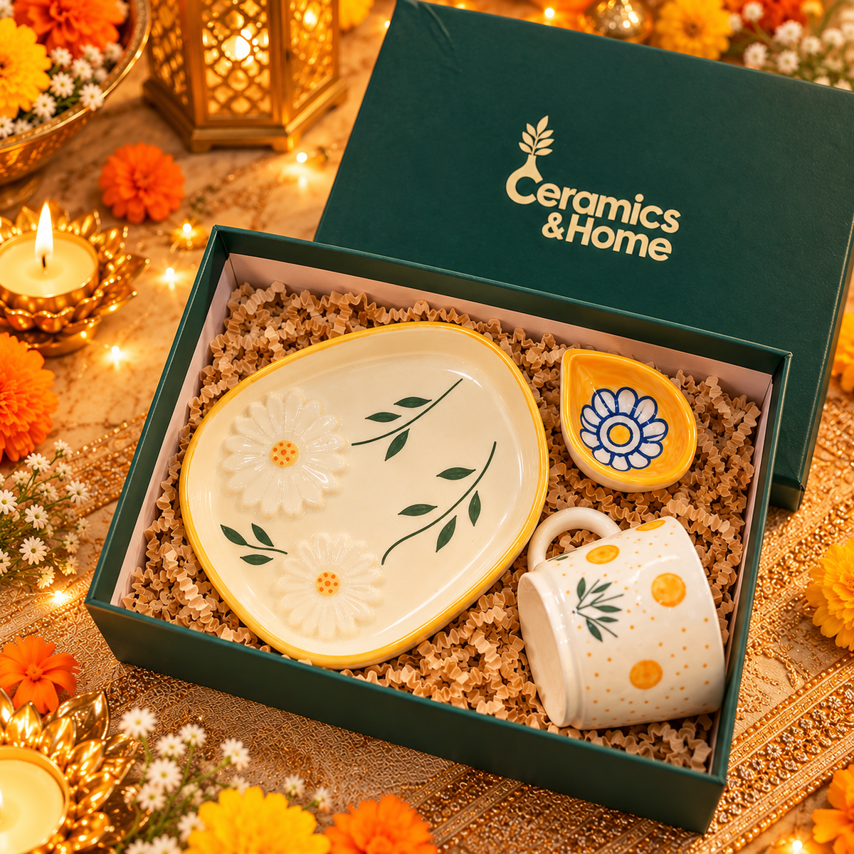 Floral Ceramic Diwali Gift Set – Mug, Serving Plate & Mini Diya