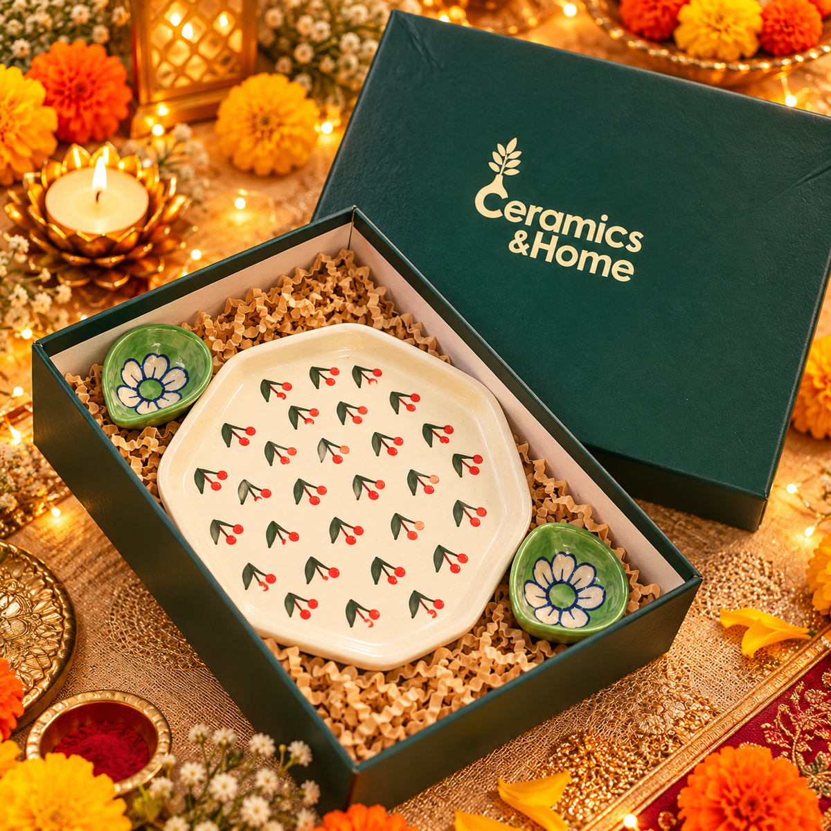Cherry Blossom Ceramic Serving Platter with 2 Floral Dip Bowls – Gift Set