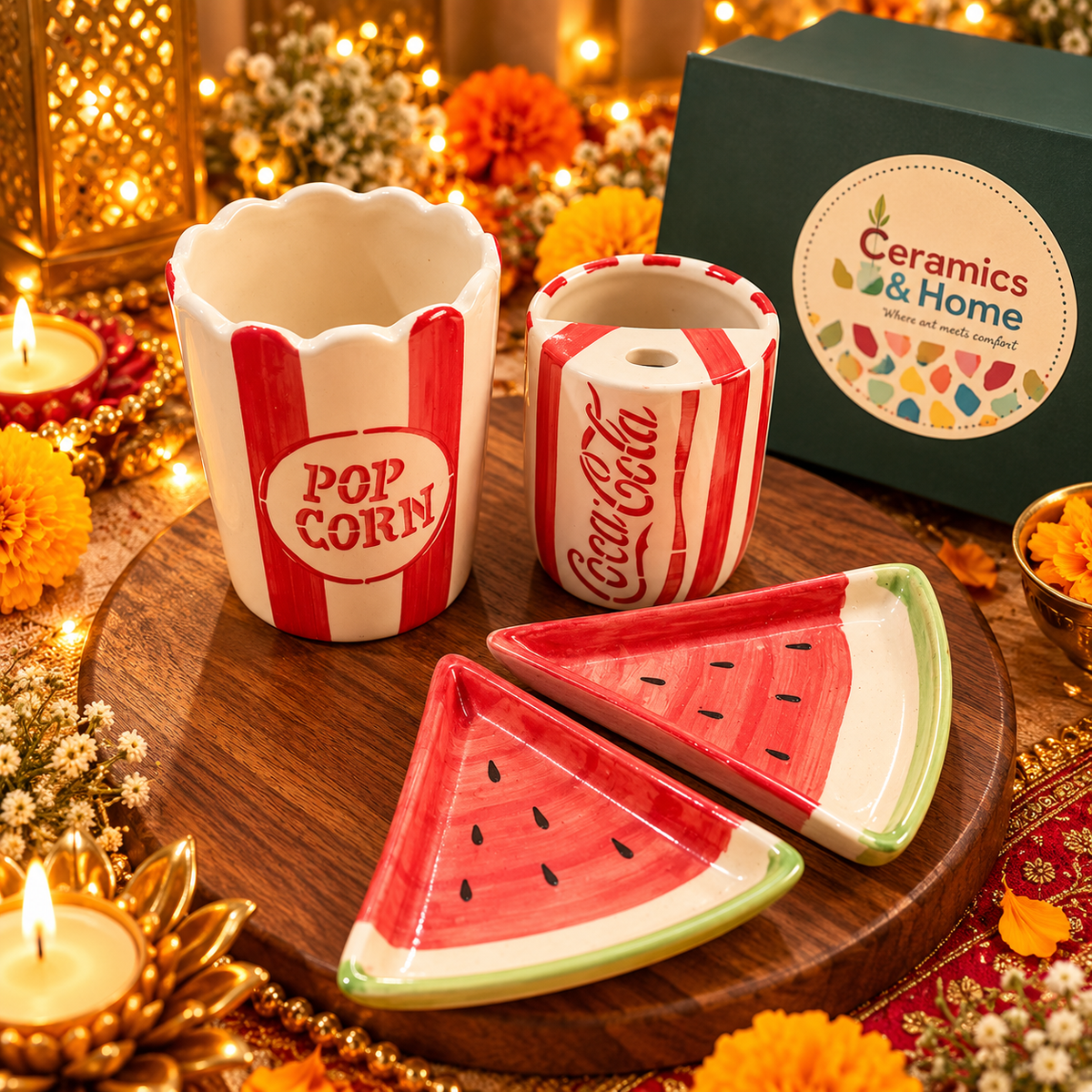 Netflix & Chill Ceramic Snack Set – Popcorn Tub, Coke Cup & Watermelon Plates | 4-Piece Set