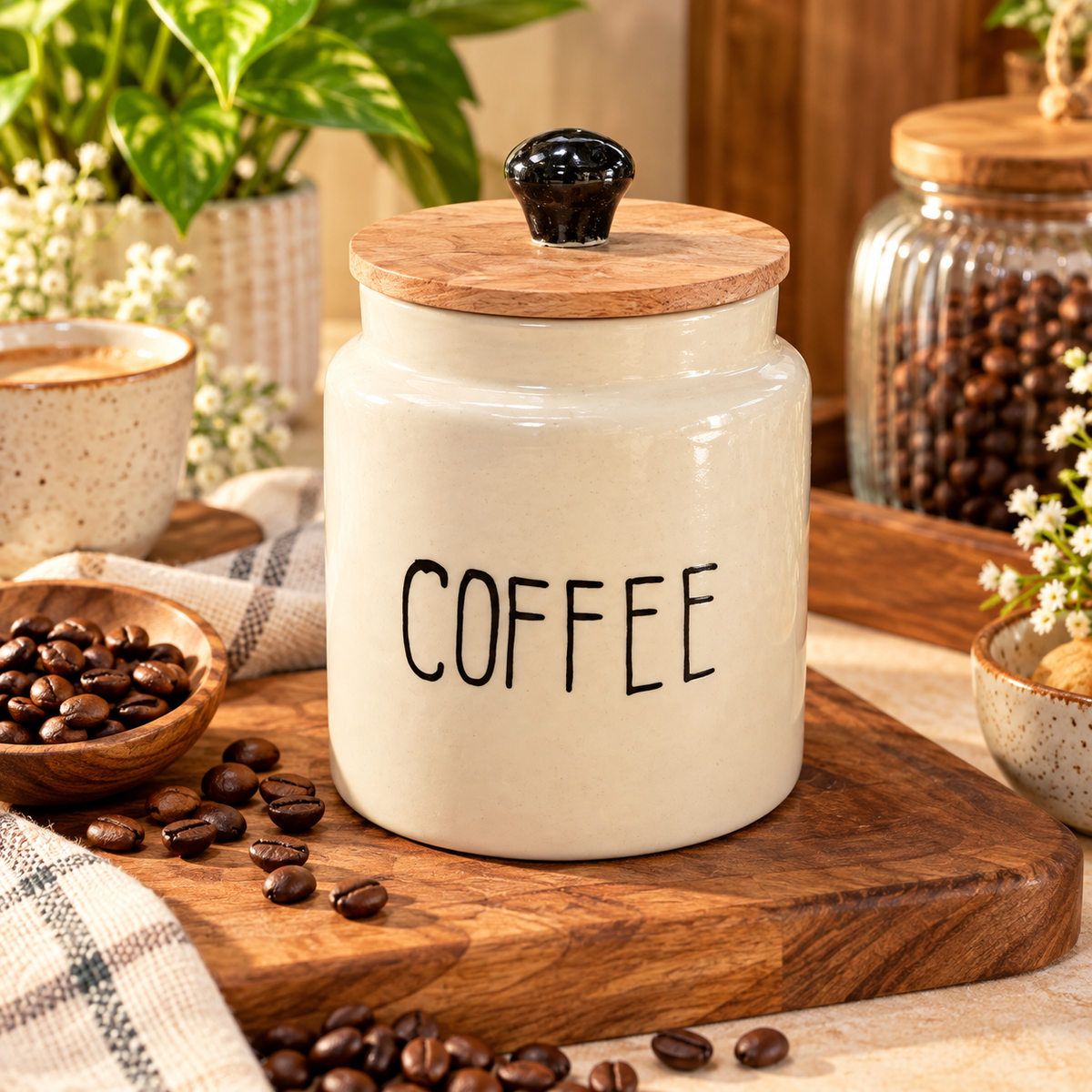 Aesthetic Ceramic Coffee Storage Jar with Wooden Lid – Cream Kitchen Canister