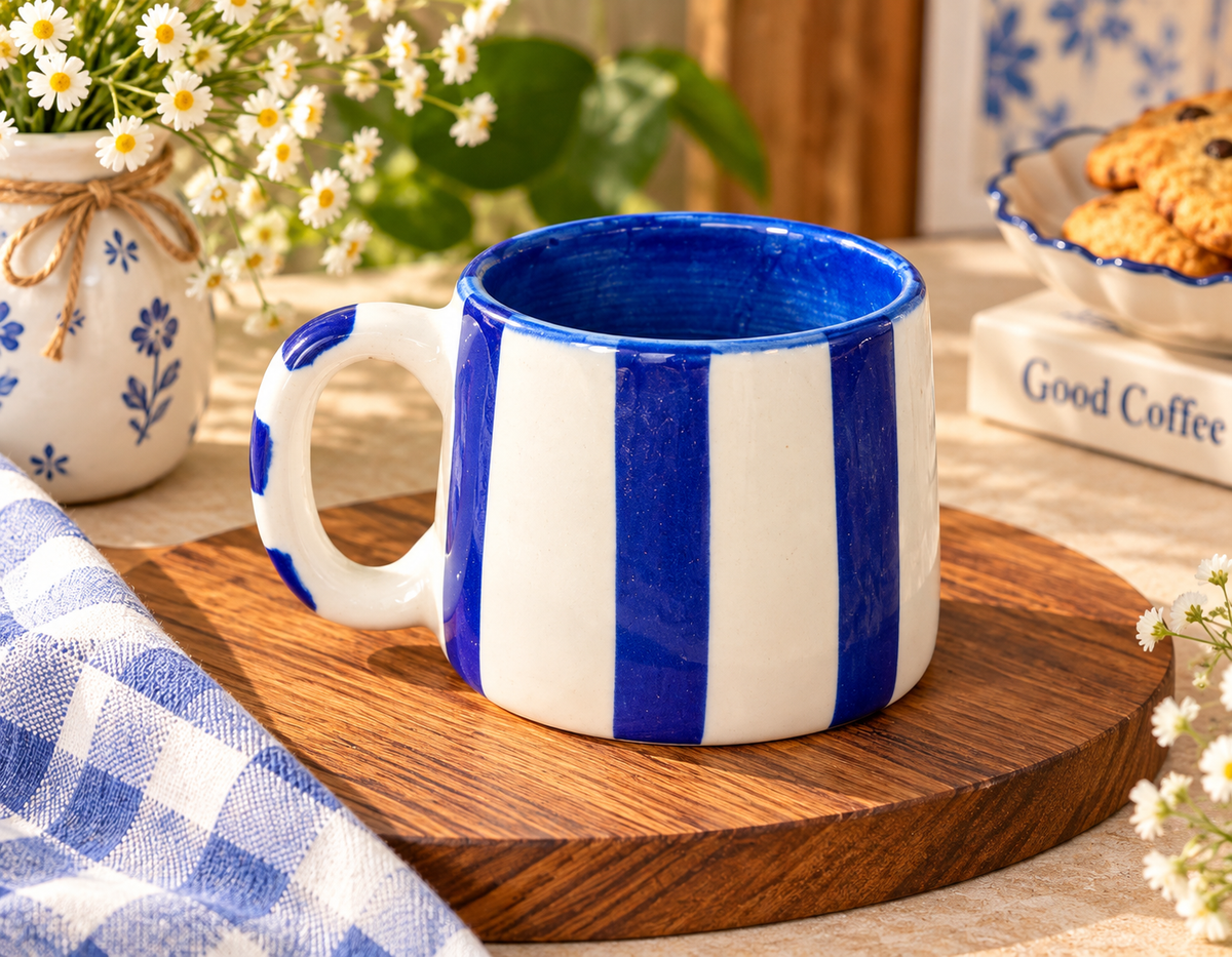 Royal Blue Striped Ceramic Coffee Mug | Aesthetic Handpainted Mug