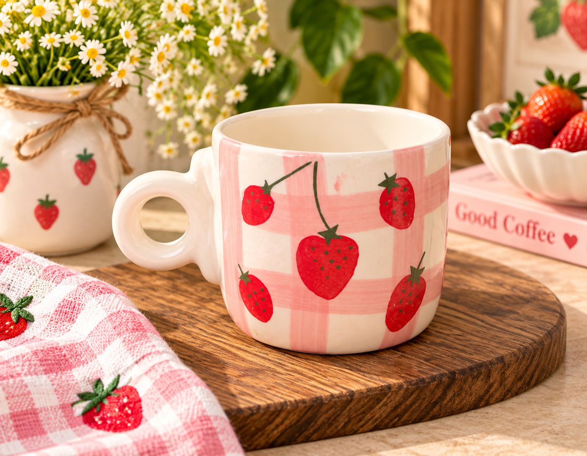 Strawberry Pink Checkered Ceramic Coffee Mug | Aesthetic Handpainted Mug