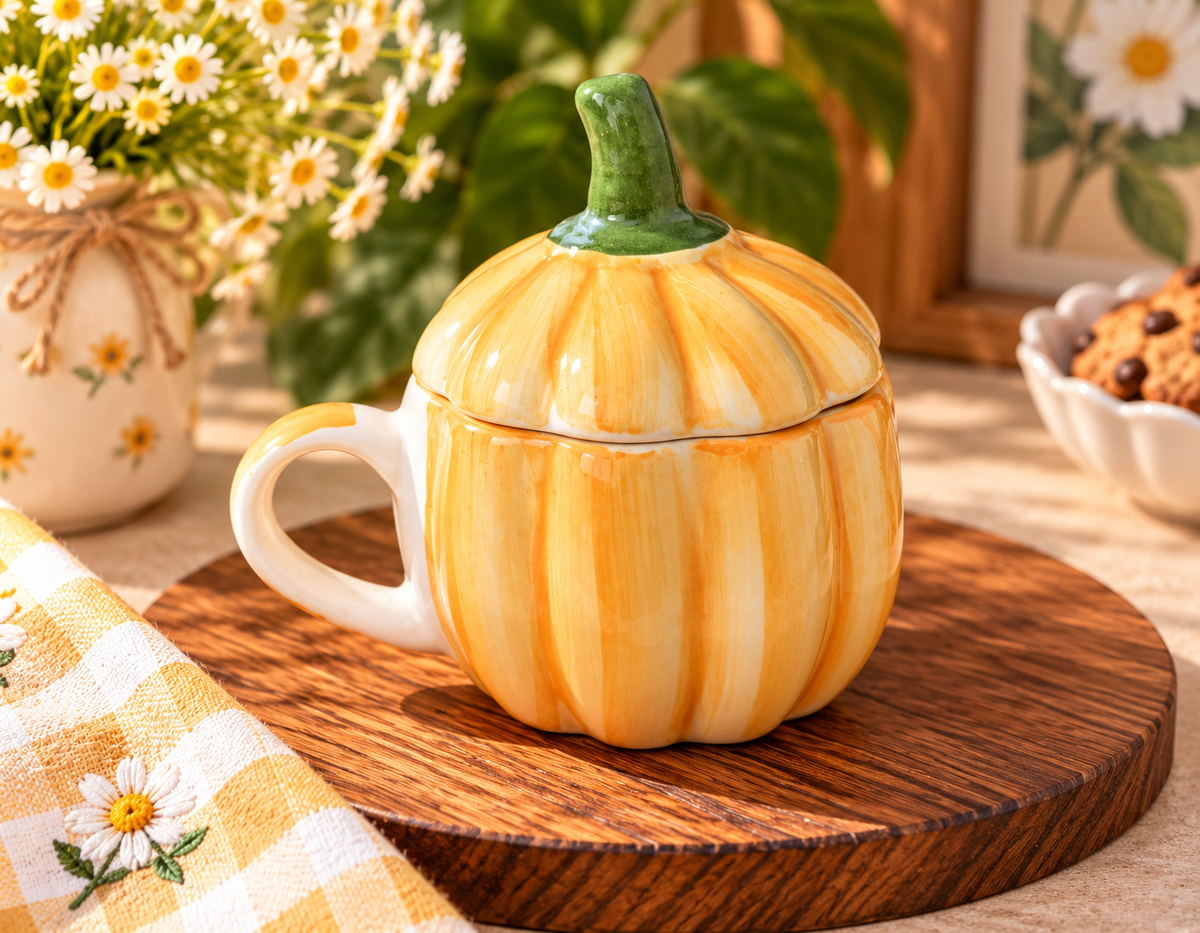 Pumpkin Ceramic Mug with Lid – Handpainted Orange Pumpkin Coffee Cup
