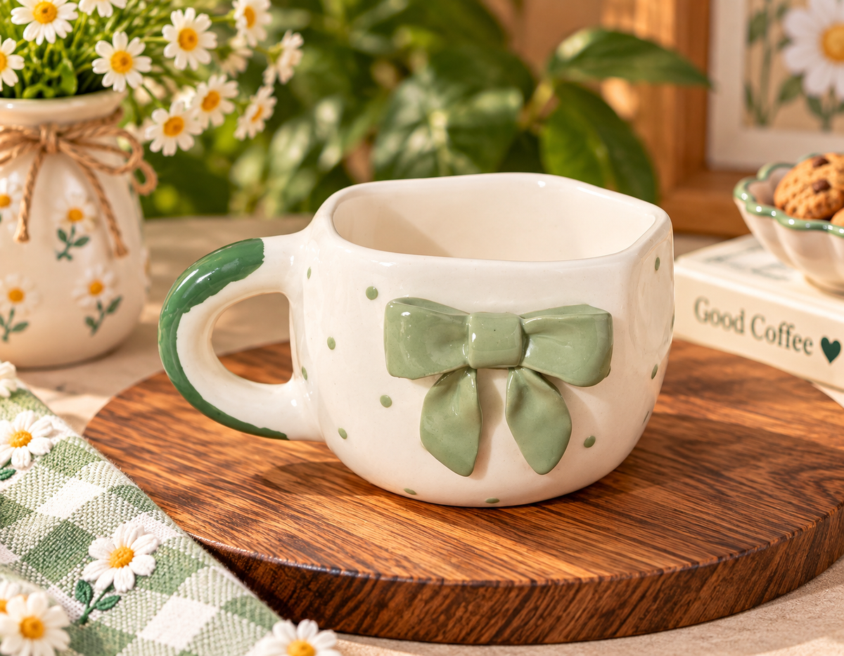 Sage Green 3D Bow Ceramic Mug – Aesthetic Handmade Coffee Cup