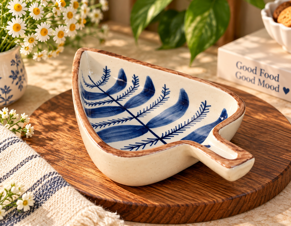 Blue Botanical Leaf-Shaped Ceramic Serving Bowl | Handpainted Snack Bowl