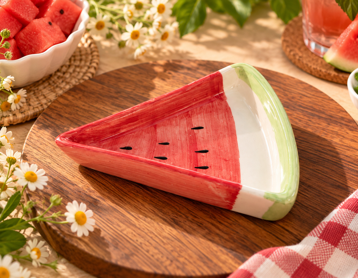 Watermelon Slice Ceramic Snack Bowl | Handpainted Fruit-Shaped Serving Dish