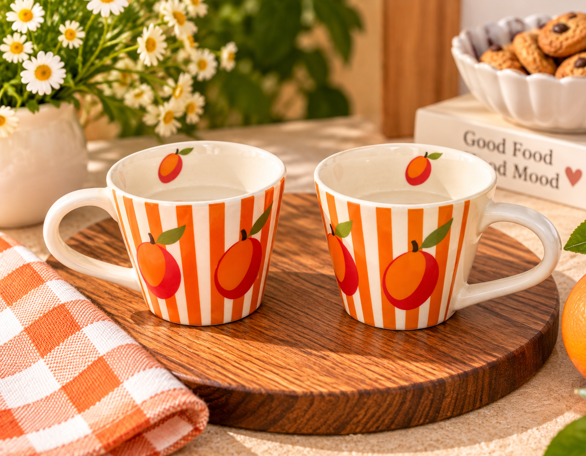 Orange Fruit Striped Ceramic Coffee Mugs | Aesthetic Mug Set