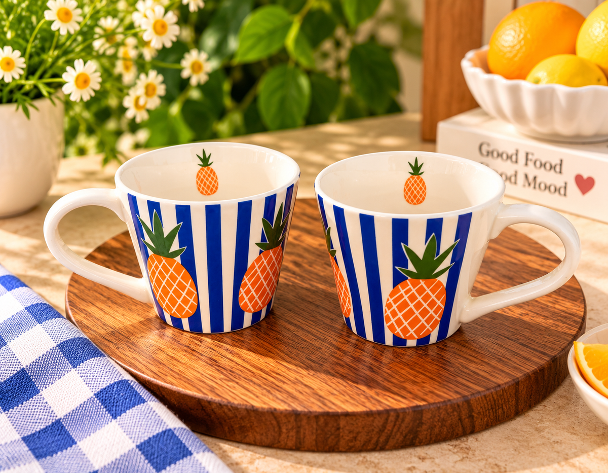 Pineapple Blue Striped Ceramic Coffee Mugs | Aesthetic Fruit Print Mug Set