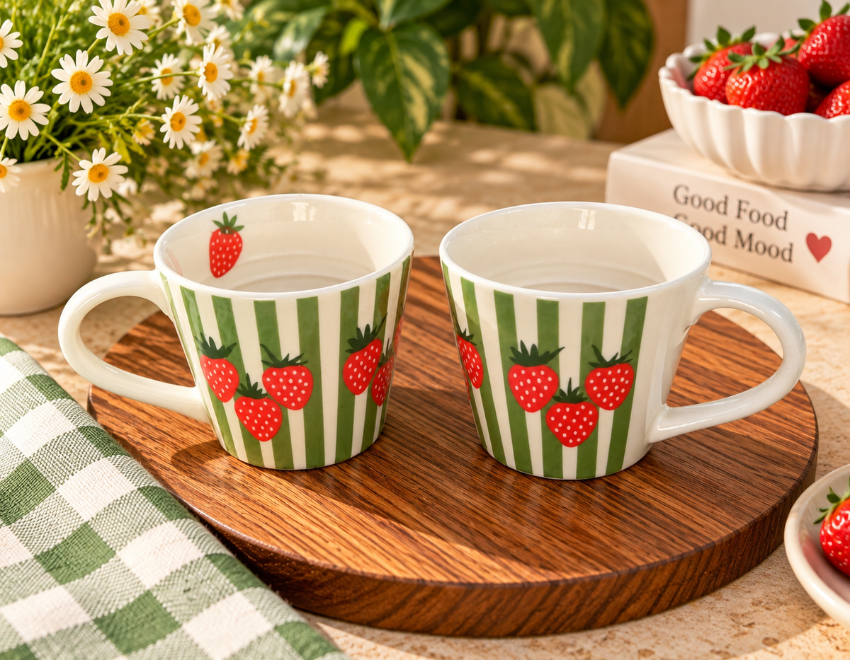 Strawberry Bliss Green Striped Ceramic Coffee Mug | Aesthetic Fruit Print Mug