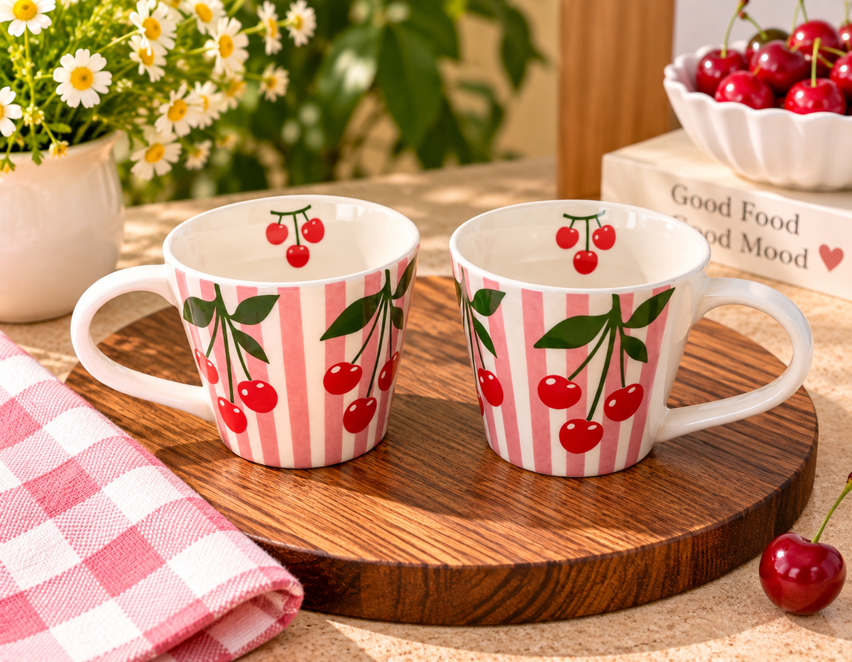 Cherry Bliss Pink Striped Ceramic Coffee Mug | Aesthetic Cherry Print Mug