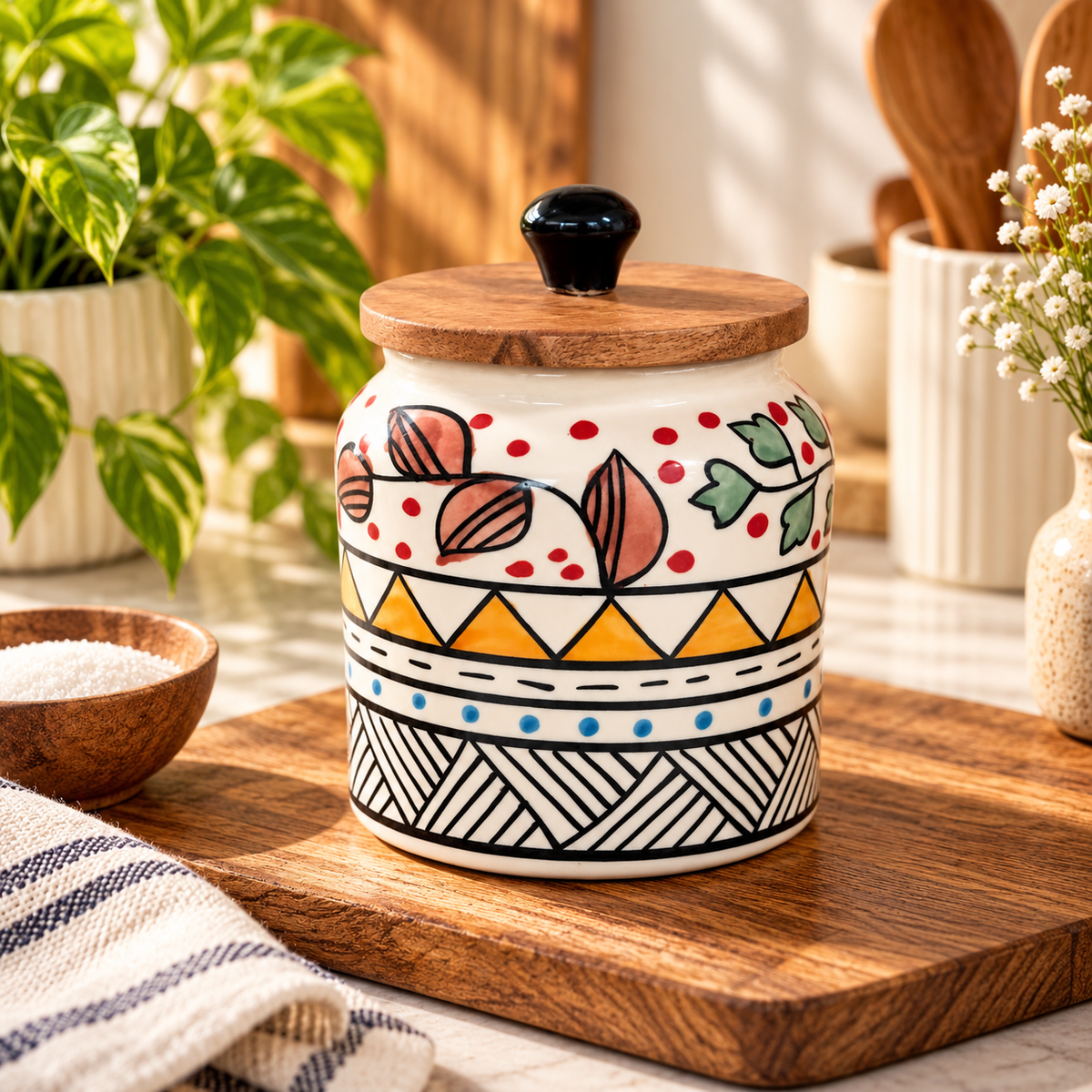 Handpainted Boho Floral Ceramic Storage Jar with Wooden Lid | Multicolour Kitchen Container