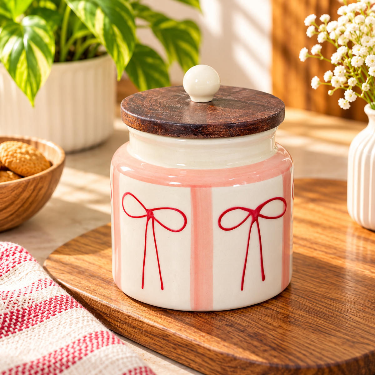 Pink Bow Hand-Painted Ceramic Storage Jar with Wooden Lid