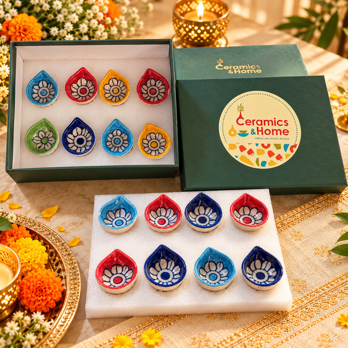 Hand-Painted Floral Ceramic Diya Gift Box – Set of 16 | Multicolour Diwali Diyas