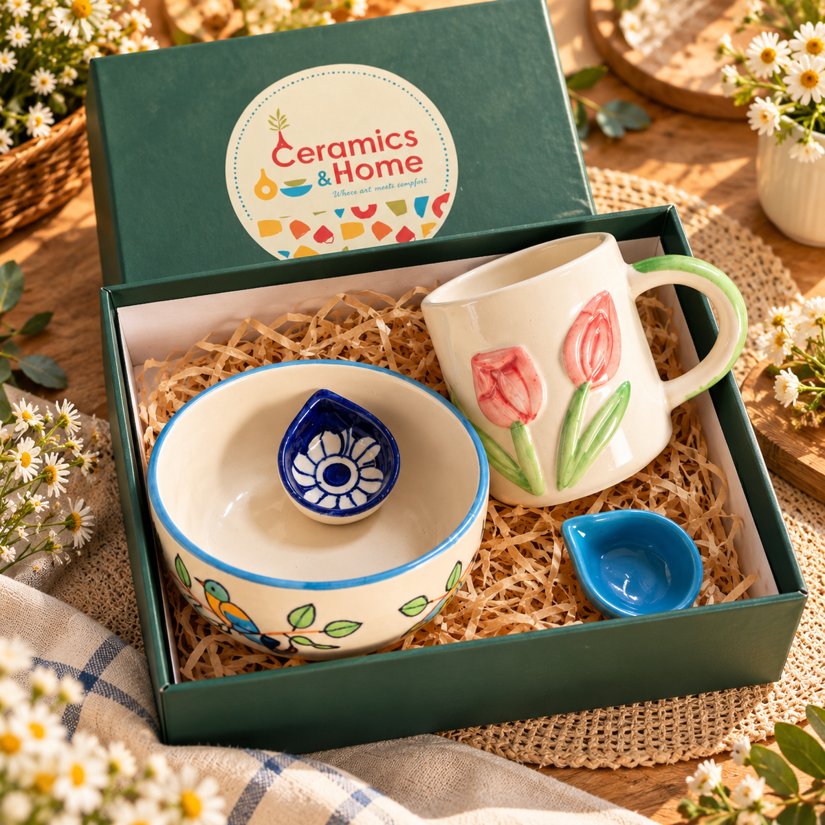 Tulip Ceramic Mug & Birdie Bowl Gift Hamper Set of 4 | Handmade Aesthetic Gift Box