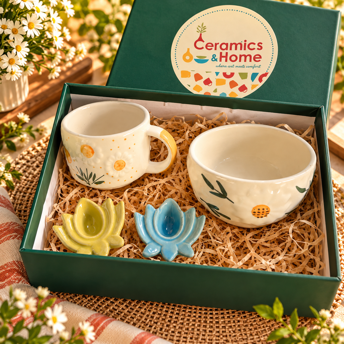 Daisy Floral Ceramic Mug & Bowl Gift Hamper with 2 Lotus Diyas | Handmade Gift Set of 4