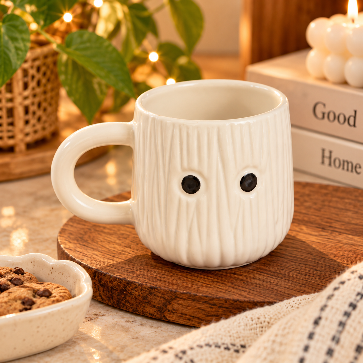 Cute White Smiley Face Ceramic Mug | Ribbed Textured Aesthetic Coffee Mug | Handmade Ceramic Cup