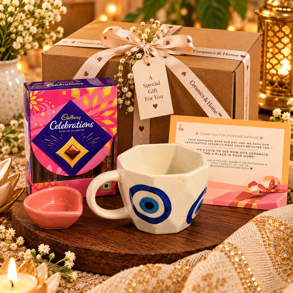 Evil Eye Ceramic Mug & Cadbury Celebrations Chocolate Gift Hamper | Diwali Gift Set of 3
