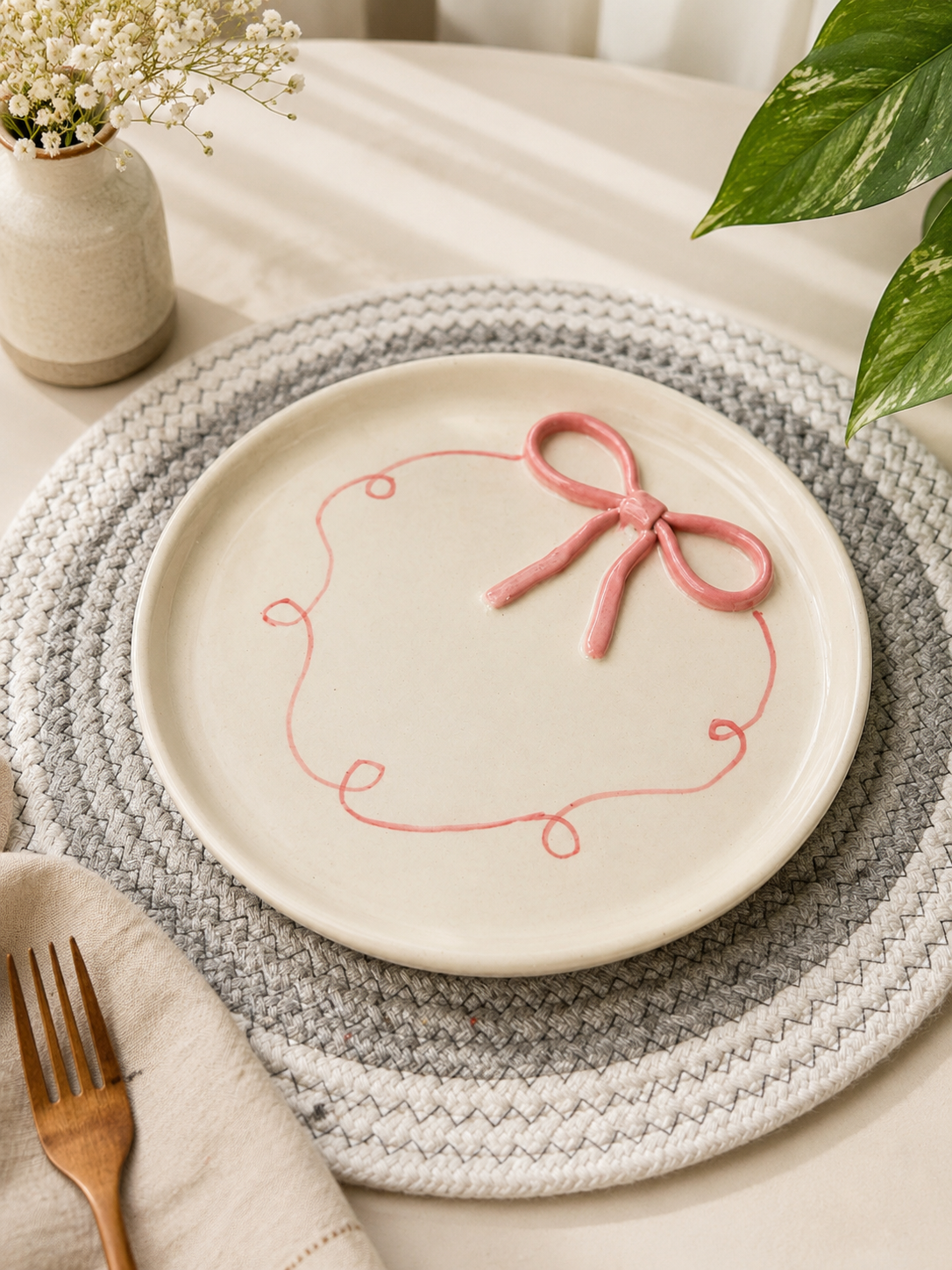 Pink Bow Ceramic Serving Plate | Dessert, Snack & Breakfast Plate