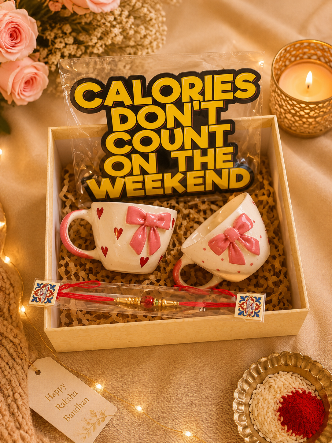 Bow Mug Rakhi Gift Hamper with Motivational Wall Decor | Ceramic Tea Cup Gift Set for Brother & Sister