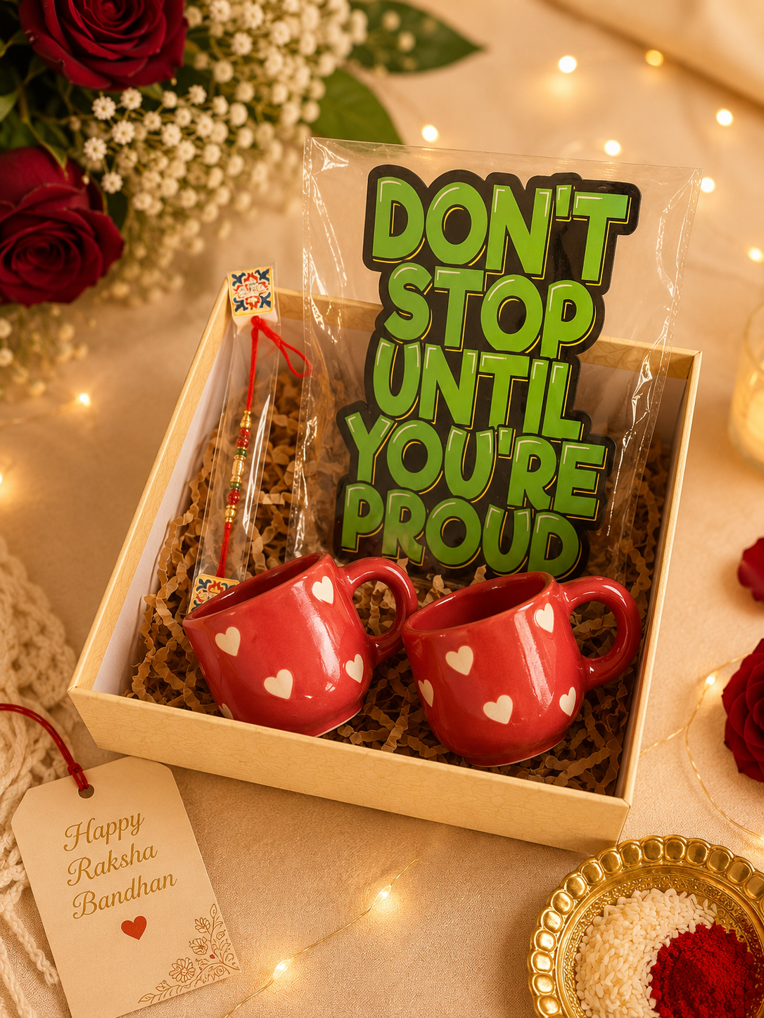 Red Heart Ceramic Mug Rakhi Gift Hamper with Motivational Wall Décor & Designer Rakhi | Premium Raksha Bandhan Gift Box