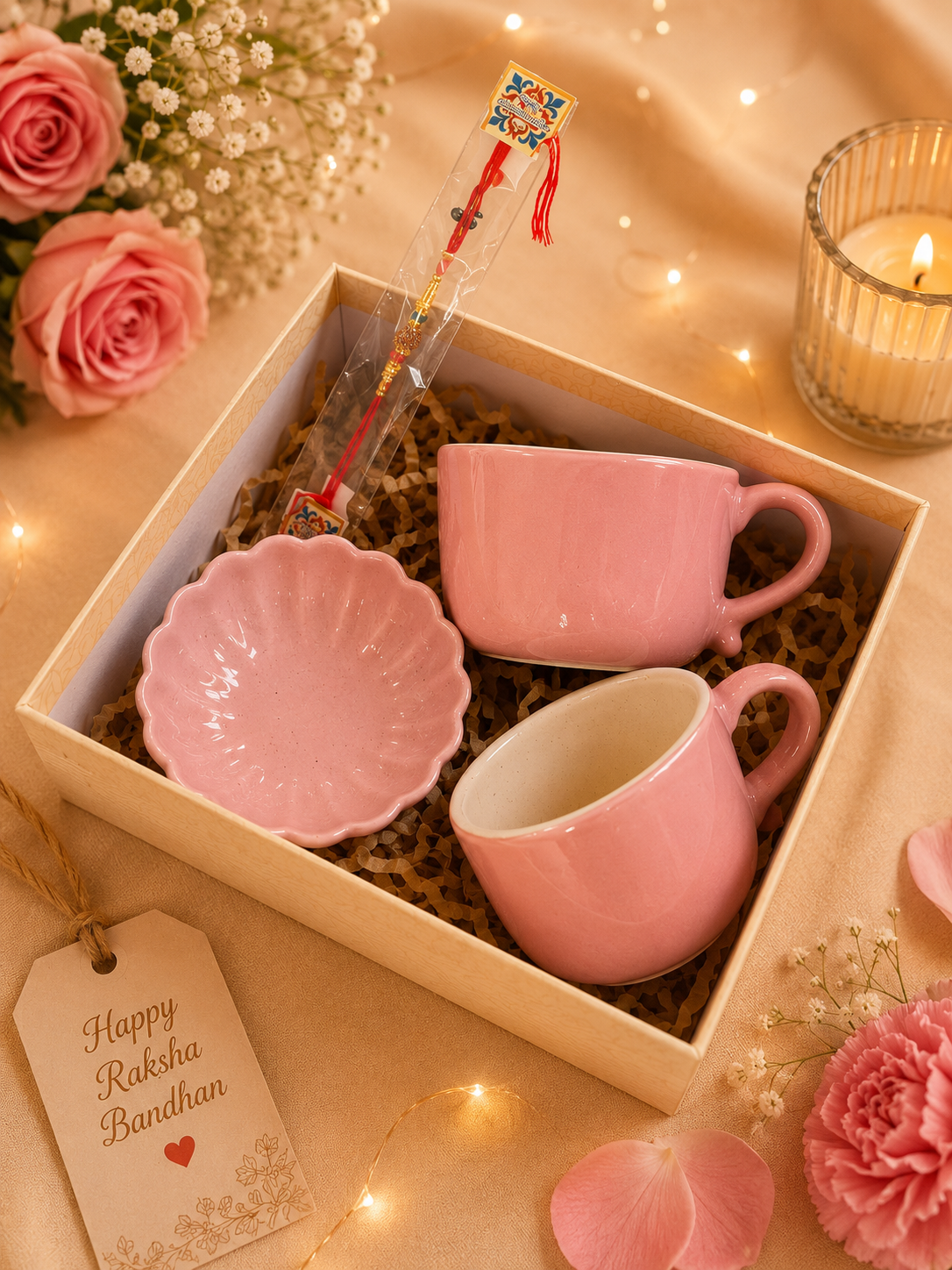 Pink Ceramic Tea Cup & Snack Bowl Rakhi Gift Hamper | 2 Cups with Snack Bowl & Designer Rakhi | Premium Raksha Bandhan Gift Box