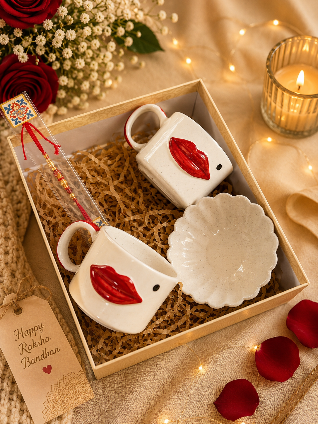 Ceramic Lip Mug Rakhi Gift Hamper Box with Snack Bowl & Designer Rakhi | Gift Set for Brother & Sister