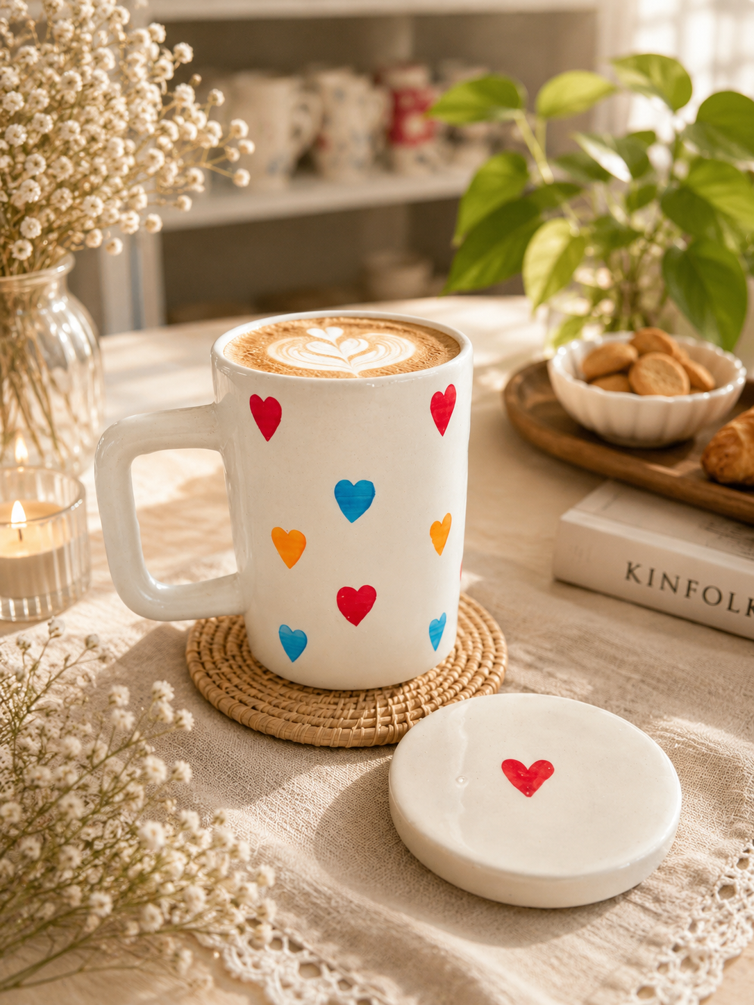 Multicolor Heart Ceramic Mug with Lid | Cute Coffee Mug | 350 ml