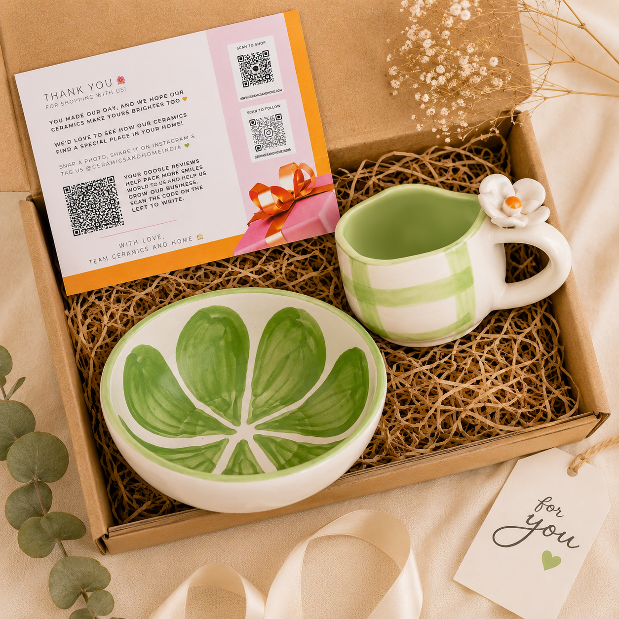 Green Garden Ceramic Gift Hamper – Floral Bowl & Flower Mug