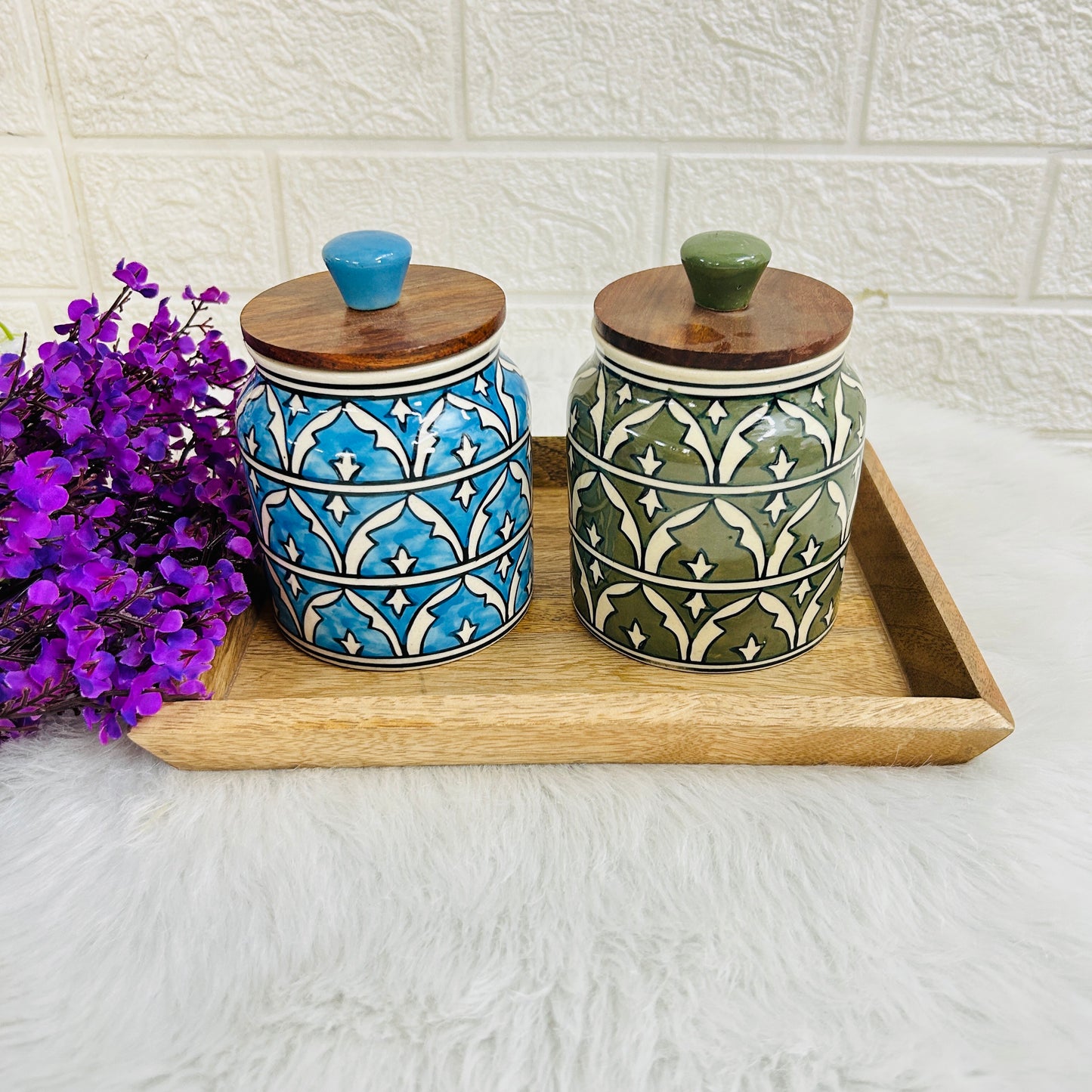 Sky Blue & Green Jar Set with Wooden Tray (Pack of 2)