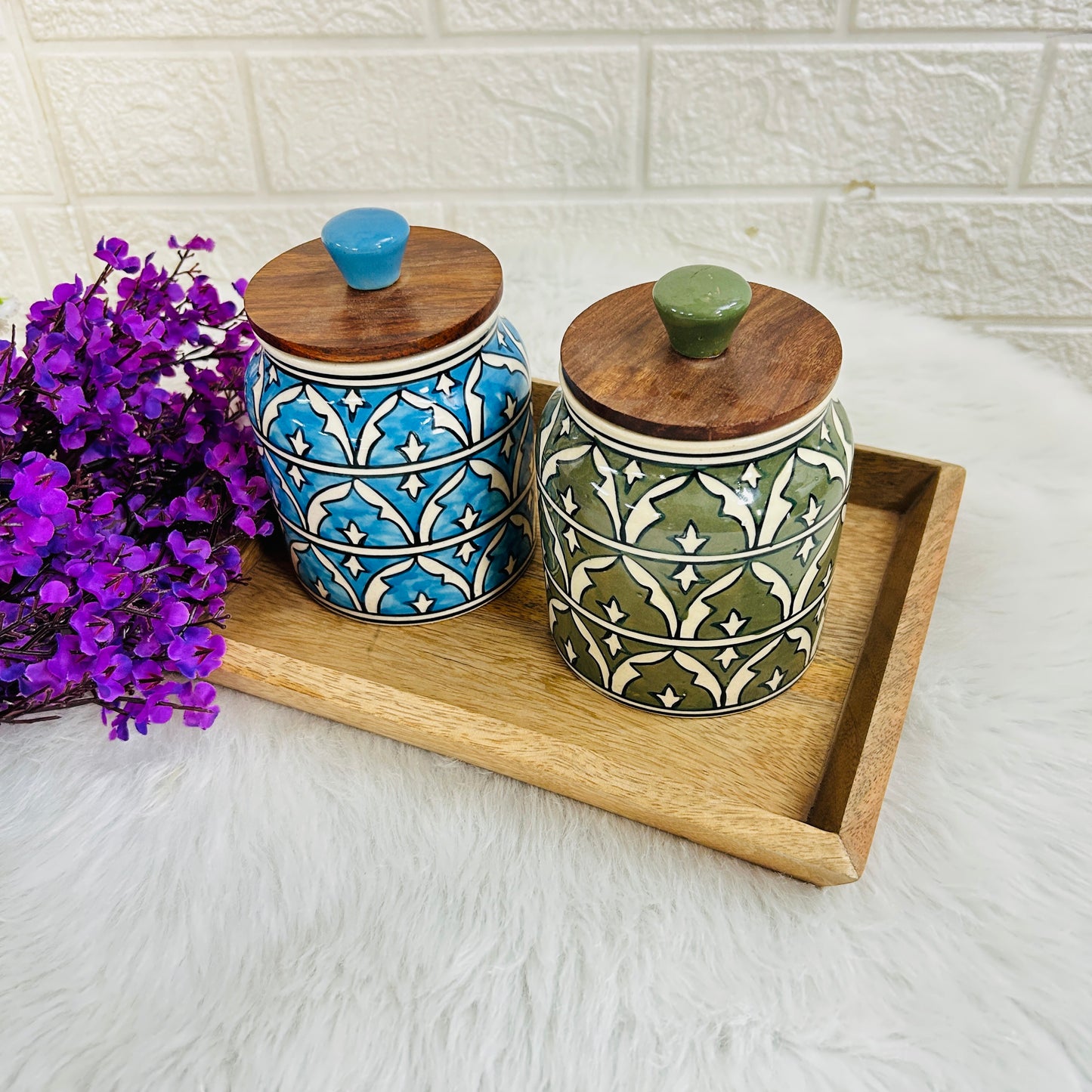Sky Blue & Green Jar Set with Wooden Tray (Pack of 2)