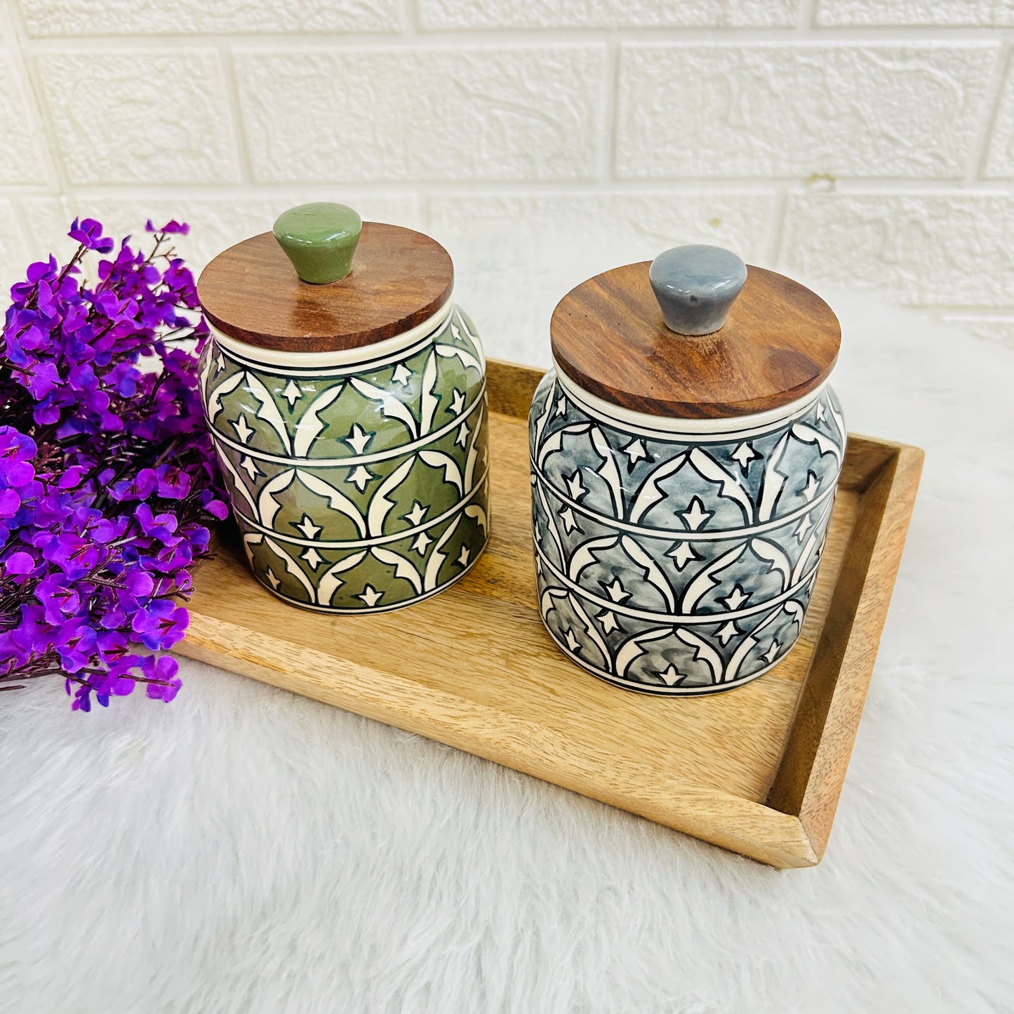 Green & Gray Jar Set with Wooden Tray (Pack of 2)